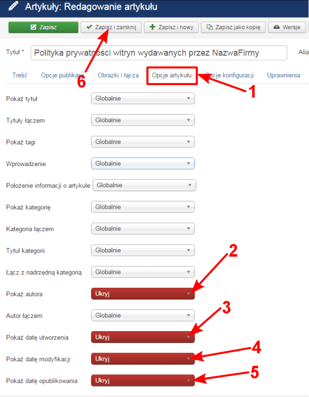 Zrzut ekranu przedstawiający Opcje artykułu z zaznaczonymi polami służącymi do modyfikacji wyświetlania autora artykułu oraz dat utworzenia, publikacji i modyfikacji artykułu