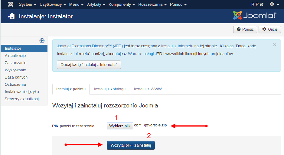Strona instalatora Joomla. Instalacja składnika komponentu GovArticle