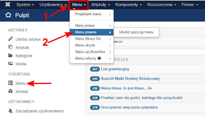 Zrzut ekranu przedstawiający menu Menu zaplecza administracyjnego Joomla!