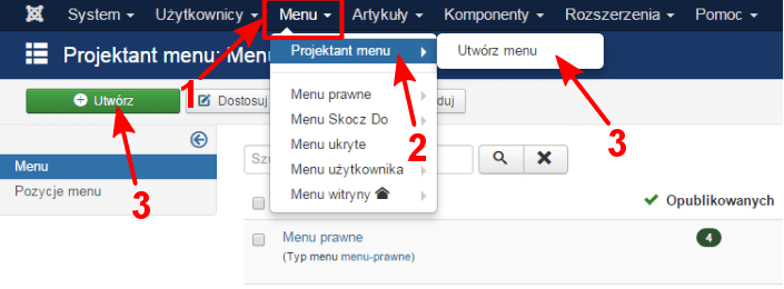 Zrzut ekranu przedstawiający zaznaczone pozycje menu, które umożliwiają utworzenie nowego menu