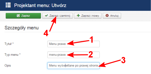 Zrzut ekranu przedstawiający okno Projektant menu: Utwórz