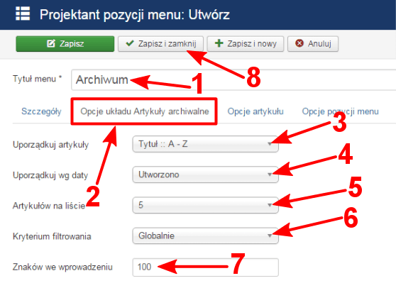 Zrzut ekranu przedstawiający okno Projektant pozycji menu: Utwórz