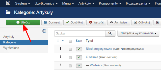 Zrzut ekranu przedstawiający okno menadżera kategorii artykułów z zaznaczonym przyciskiem Utwórz