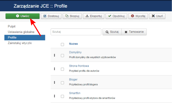 Zrzut ekranu przedstawiający okno zarządzania profilami edytora JCE